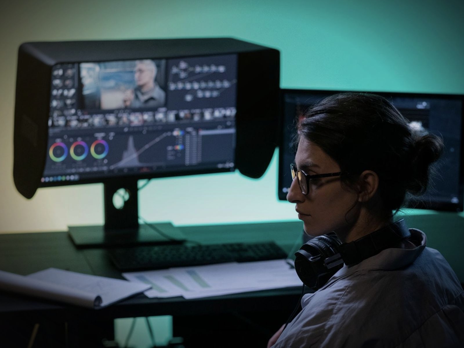 A colourist at work in CineGeny's grading suite — human craft, AI-native pipeline