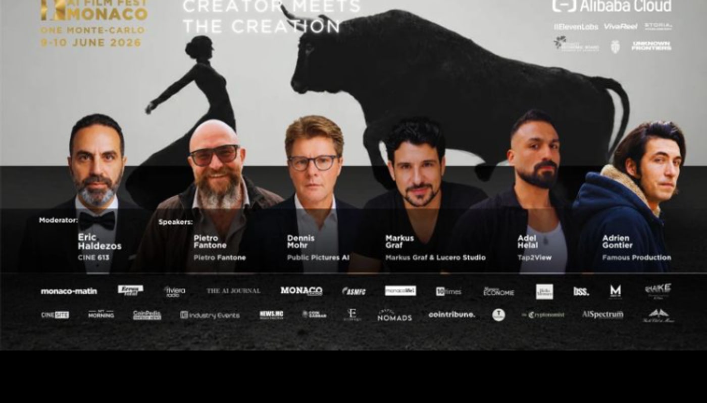 Eric Haldezos moderating a panel at the AI Film Fest Monaco — “Creator Meets the Creation”